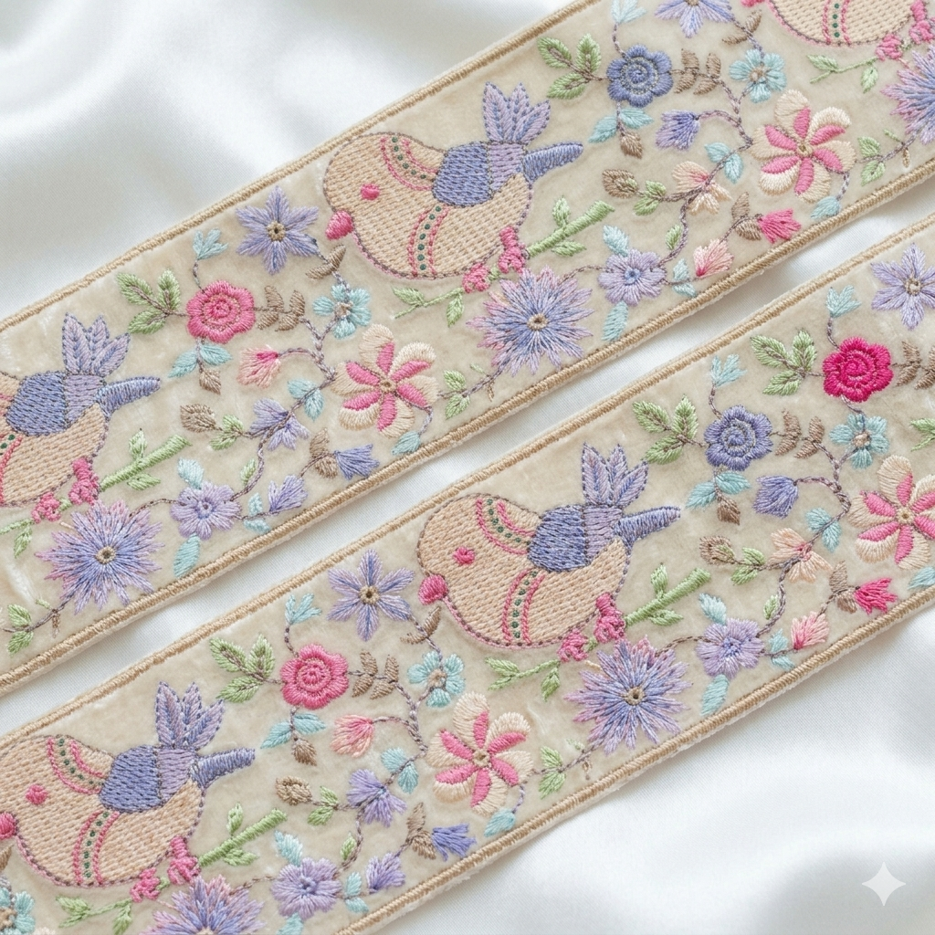 Embroidered Bird & Floral Lace Border Trim