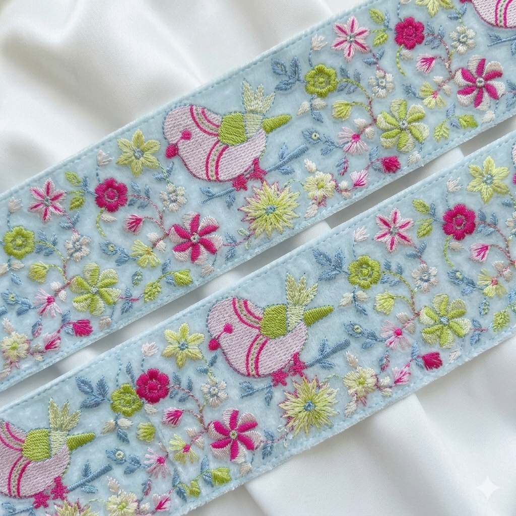 Embroidered Bird & Floral Lace Border Trim
