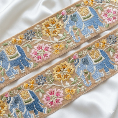 Elephant Motif Floral Embroidered Lace Trim Border for Ethnic & Festive Wear