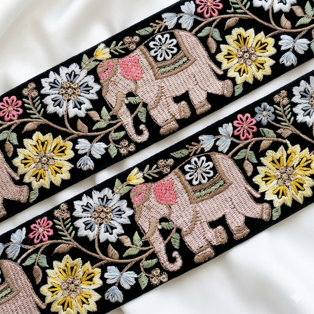 Elephant Motif Floral Embroidered Lace Trim Border for Ethnic & Festive Wear