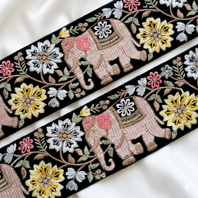 Elephant Motif Floral Embroidered Lace Trim Border for Ethnic & Festive Wear hover