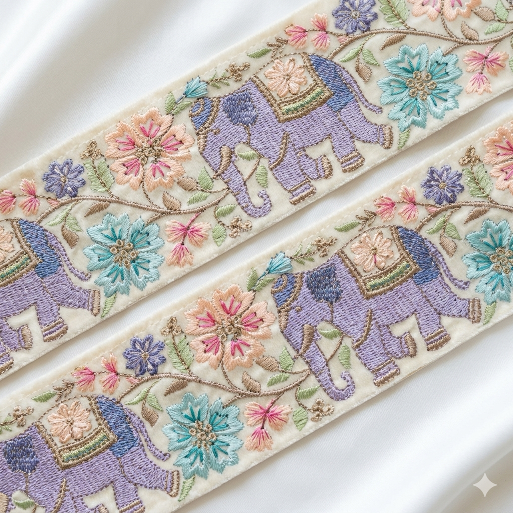 Elephant Motif Floral Embroidered Lace Trim Border for Ethnic & Festive Wear