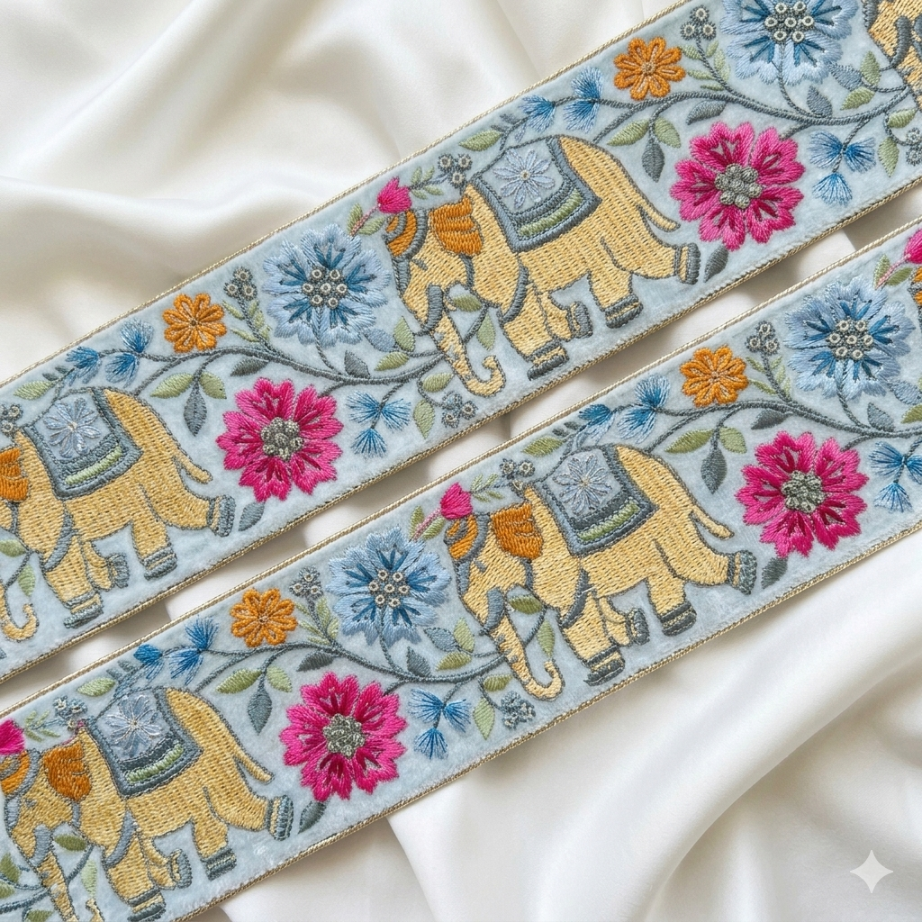 Elephant Motif Floral Embroidered Lace Trim Border for Ethnic & Festive Wear
