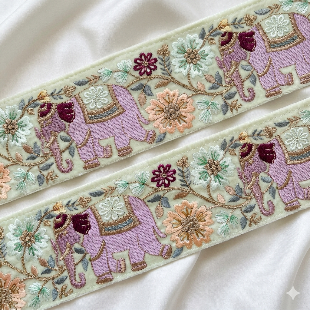 Elephant Motif Floral Embroidered Lace Trim Border for Ethnic & Festive Wear