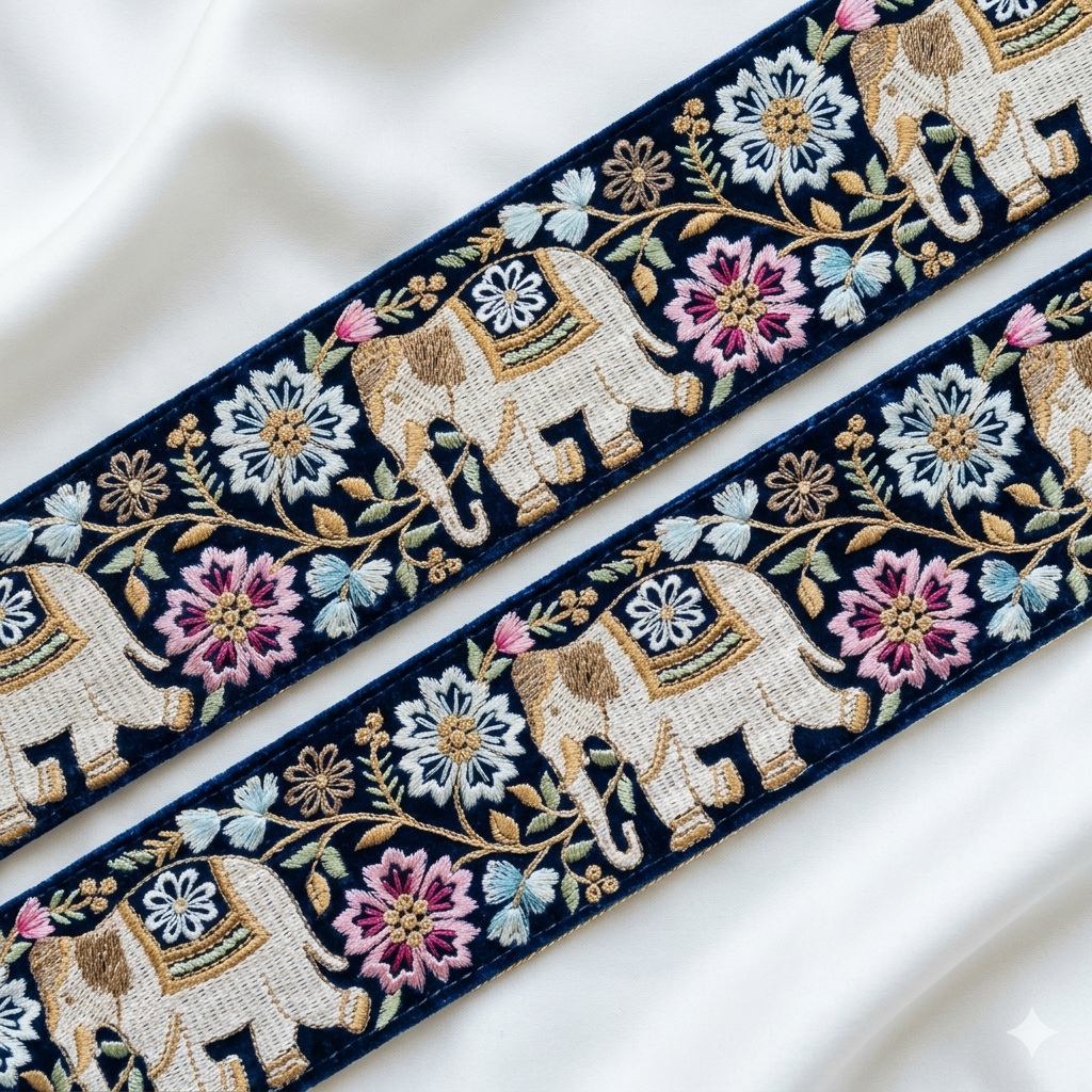 Elephant Motif Floral Embroidered Lace Trim Border for Ethnic & Festive Wear