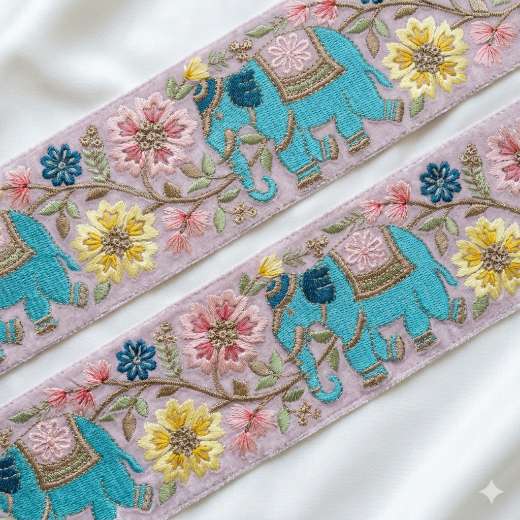Elephant Motif Floral Embroidered Lace Trim Border for Ethnic & Festive Wear