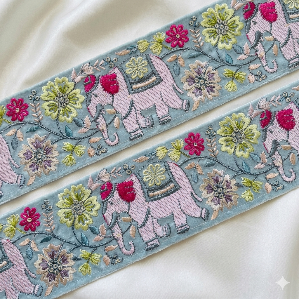 Elephant Motif Floral Embroidered Lace Trim Border for Ethnic & Festive Wear
