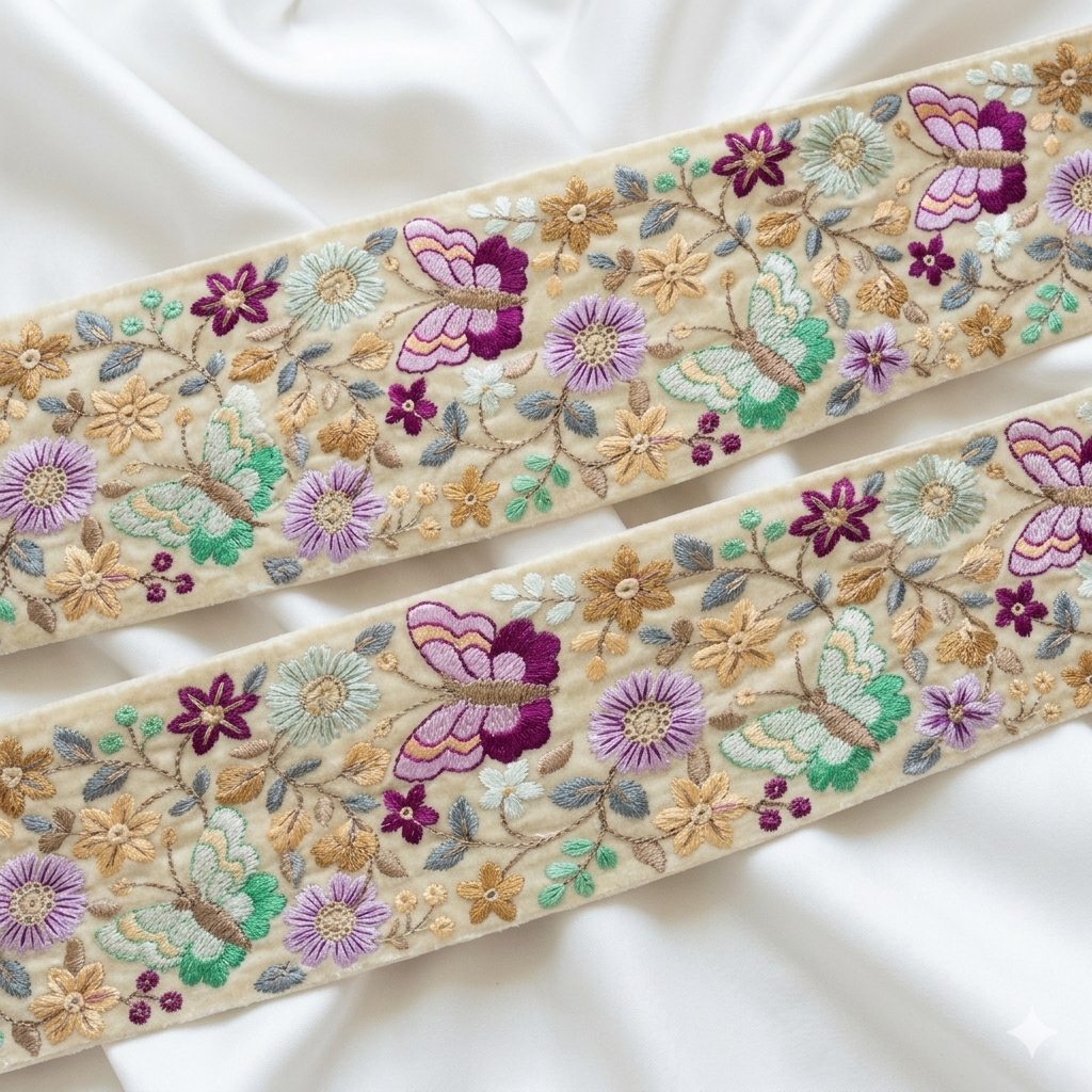 Butterfly Floral Embroidered Lace Trim Border for Ethnic, Festive & Designer Wear