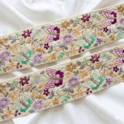 Butterfly Floral Embroidered Lace Trim Border for Ethnic, Festive & Designer Wear