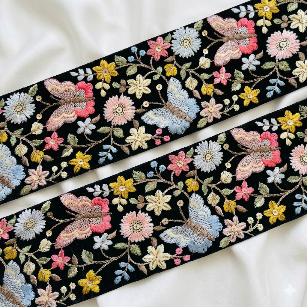 Butterfly Floral Embroidered Lace Trim Border for Ethnic, Festive & Designer Wear