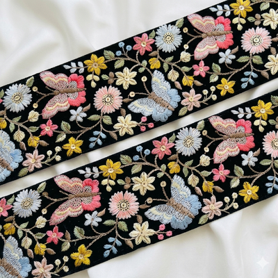 Butterfly Floral Embroidered Lace Trim Border for Ethnic, Festive & Designer Wear hover