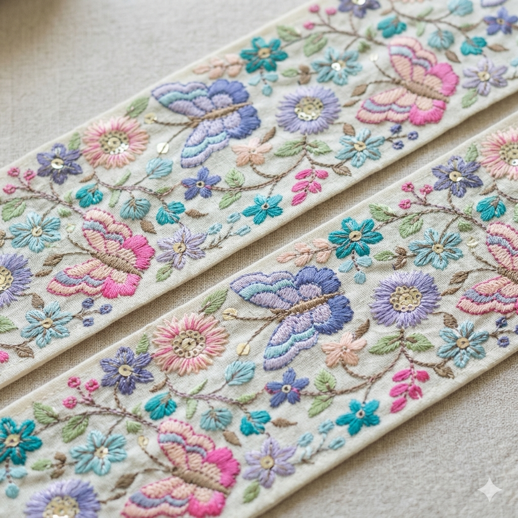 Butterfly Floral Embroidered Lace Trim Border for Ethnic, Festive & Designer Wear