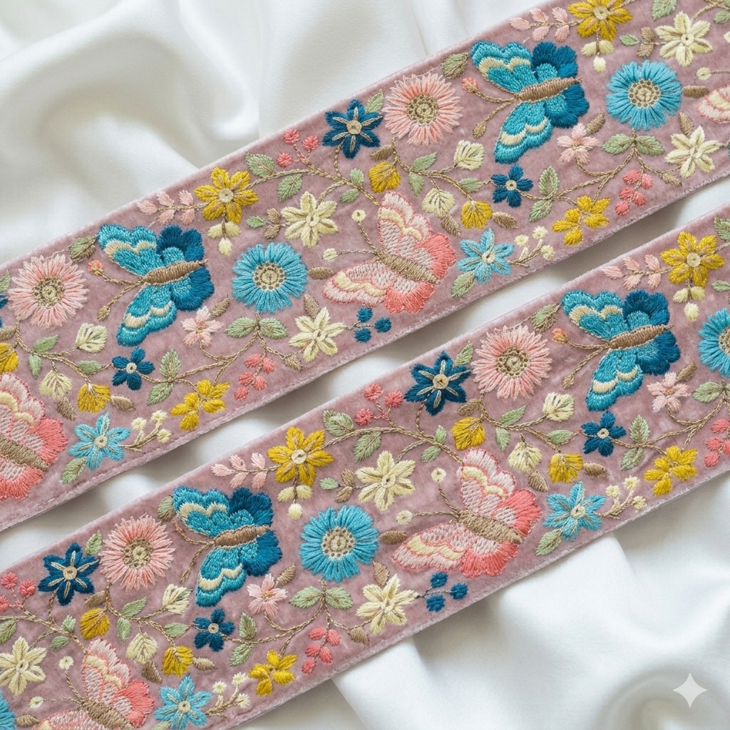 Butterfly Floral Embroidered Lace Trim Border for Ethnic, Festive & Designer Wear
