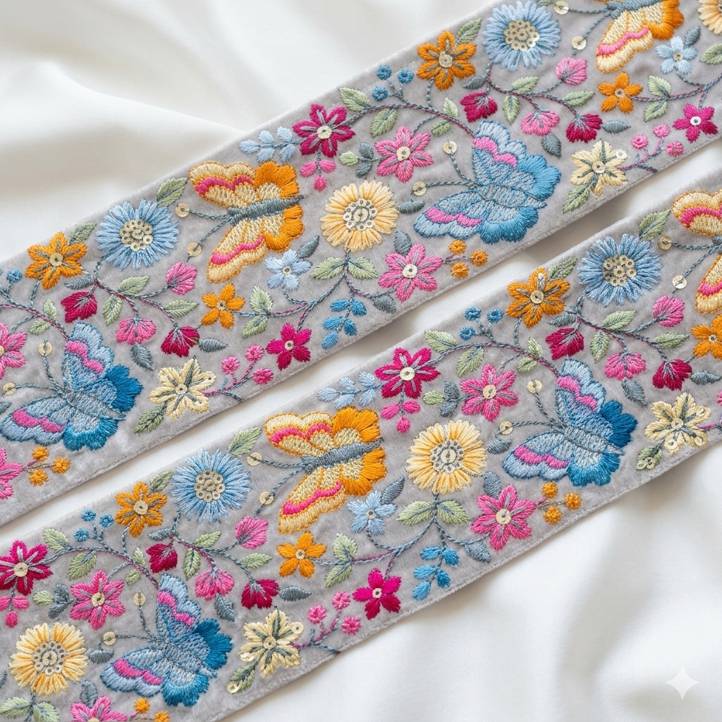 Butterfly Floral Embroidered Lace Trim Border for Ethnic, Festive & Designer Wear
