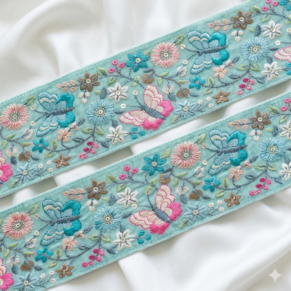 Butterfly Floral Embroidered Lace Trim Border for Ethnic, Festive & Designer Wear