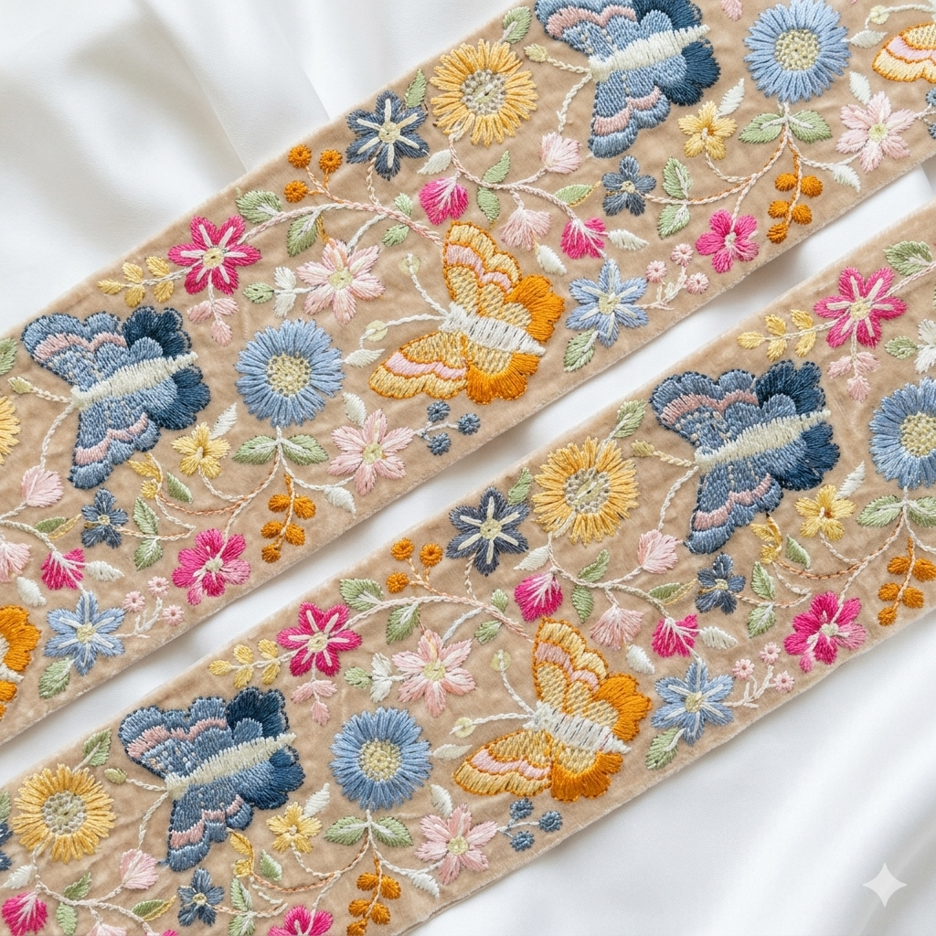 Butterfly Floral Embroidered Lace Trim Border for Ethnic, Festive & Designer Wear