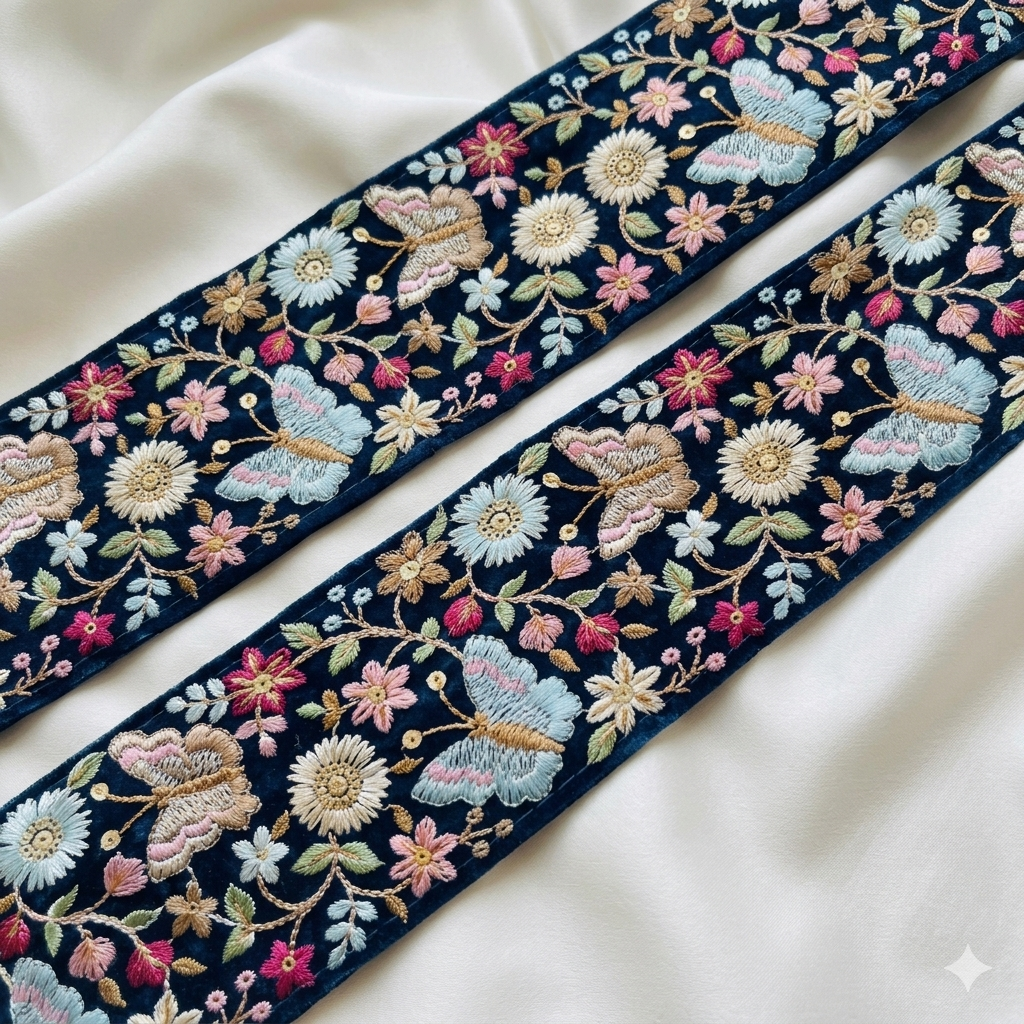 Butterfly Floral Embroidered Lace Trim Border for Ethnic, Festive & Designer Wear