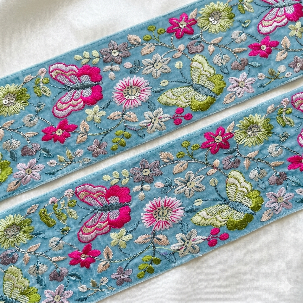 Butterfly Floral Embroidered Lace Trim Border for Ethnic, Festive & Designer Wear