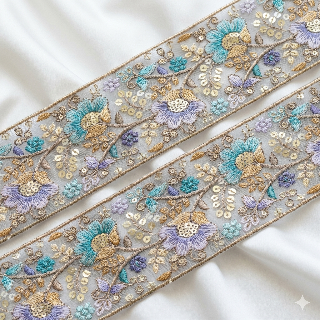 Floral Embroidered Sequin Lace Trim Border for Ethnic, Festive & Designer Wear