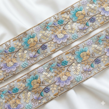 Floral Embroidered Sequin Lace Trim Border for Ethnic, Festive & Designer Wear