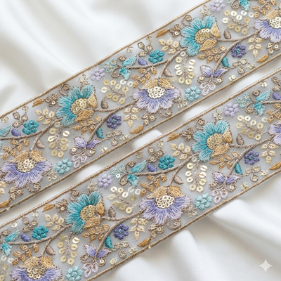 Floral Embroidered Sequin Lace Trim Border for Ethnic, Festive & Designer Wear