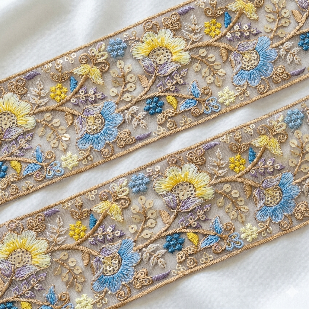 Floral Embroidered Sequin Lace Trim Border for Ethnic, Festive & Designer Wear