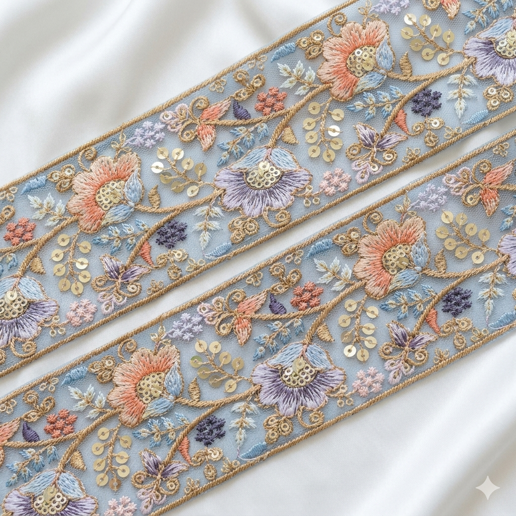 Floral Embroidered Sequin Lace Trim Border for Ethnic, Festive & Designer Wear