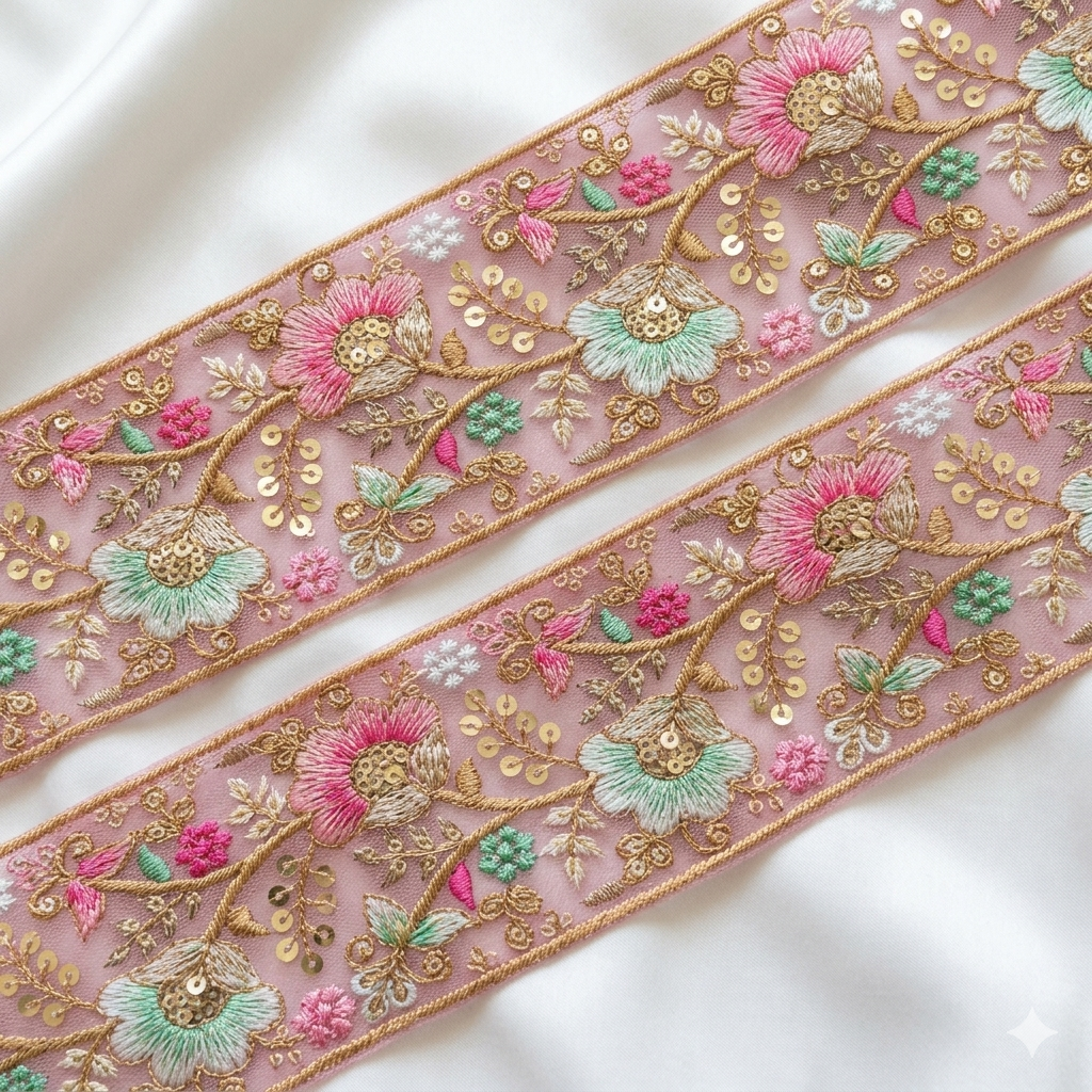 Floral Embroidered Sequin Lace Trim Border for Ethnic, Festive & Designer Wear
