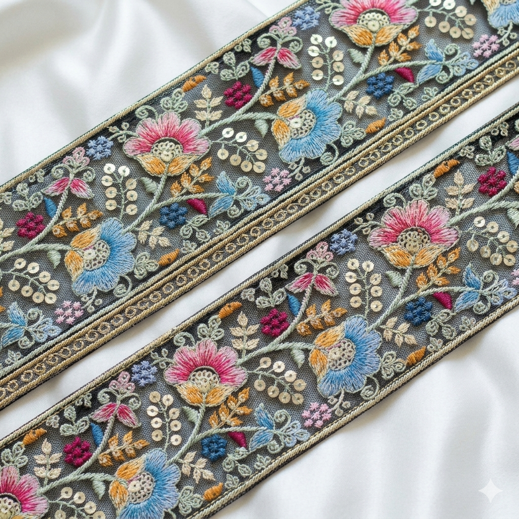 Floral Embroidered Sequin Lace Trim Border for Ethnic, Festive & Designer Wear