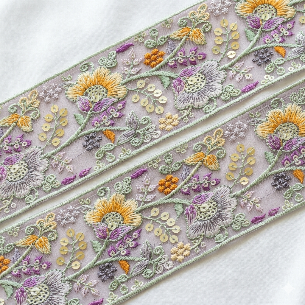 Floral Embroidered Sequin Lace Trim Border for Ethnic, Festive & Designer Wear