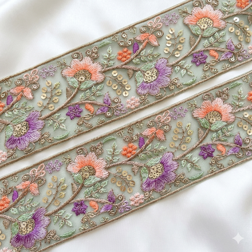 Floral Embroidered Sequin Lace Trim Border for Ethnic, Festive & Designer Wear