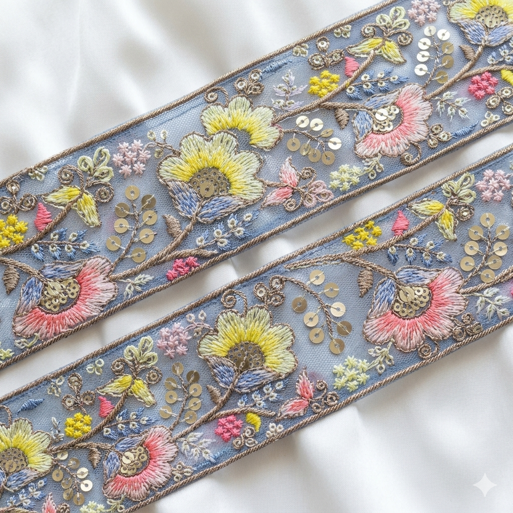Floral Embroidered Sequin Lace Trim Border for Ethnic, Festive & Designer Wear