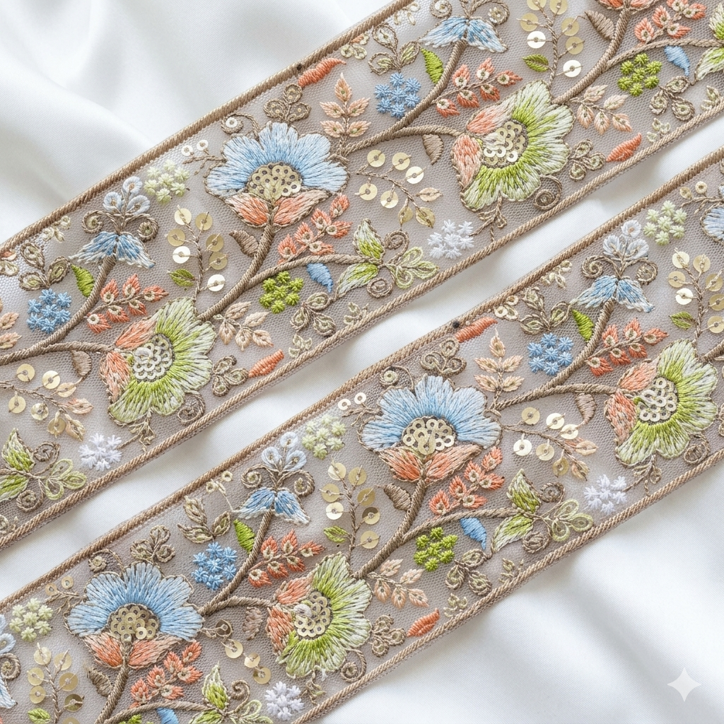 Floral Embroidered Sequin Lace Trim Border for Ethnic, Festive & Designer Wear