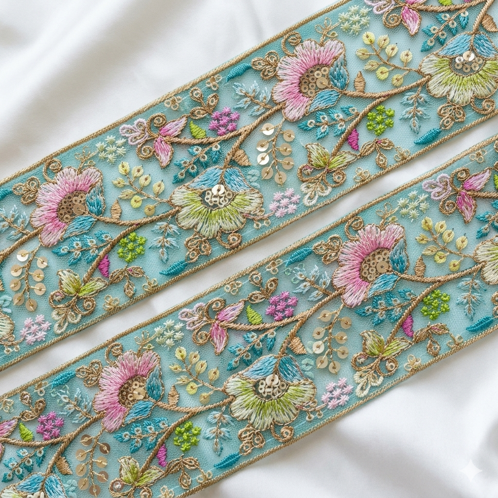Floral Embroidered Sequin Lace Trim Border for Ethnic, Festive & Designer Wear