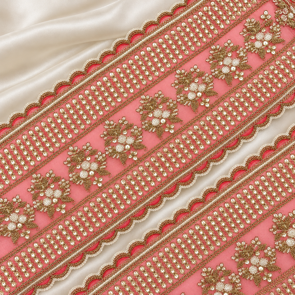 Floral Pearl and Reflective Stone Embroidered Wide Designer Lace Border