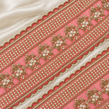 Floral Pearl and Reflective Stone Embroidered Wide Designer Lace Border