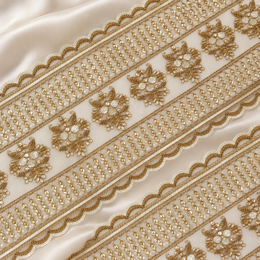 Floral Pearl and Reflective Stone Embroidered Wide Designer Lace Border