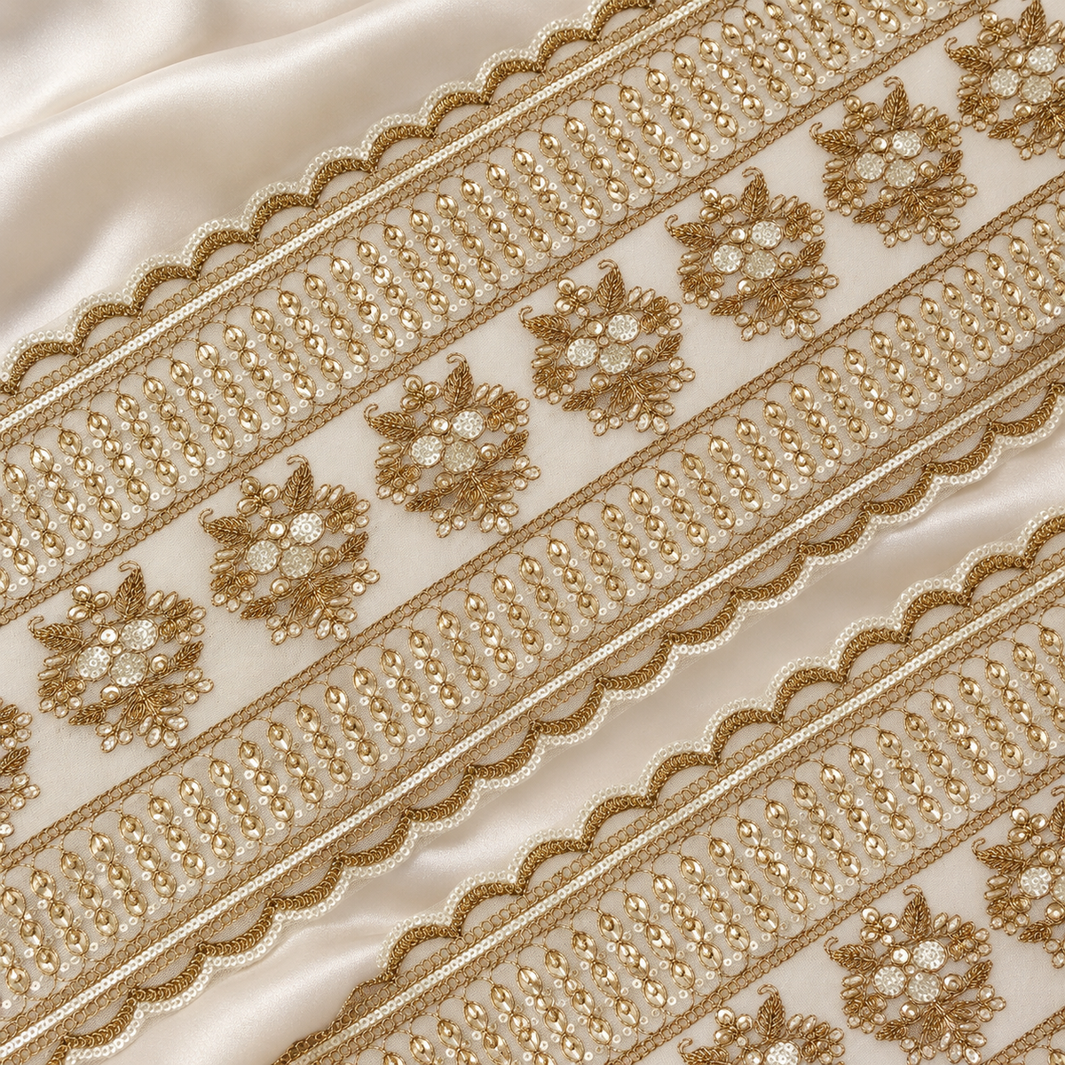 Floral Pearl and Reflective Stone Embroidered Wide Designer Lace Border