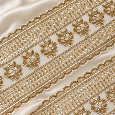 Floral Pearl and Reflective Stone Embroidered Wide Designer Lace Border hover