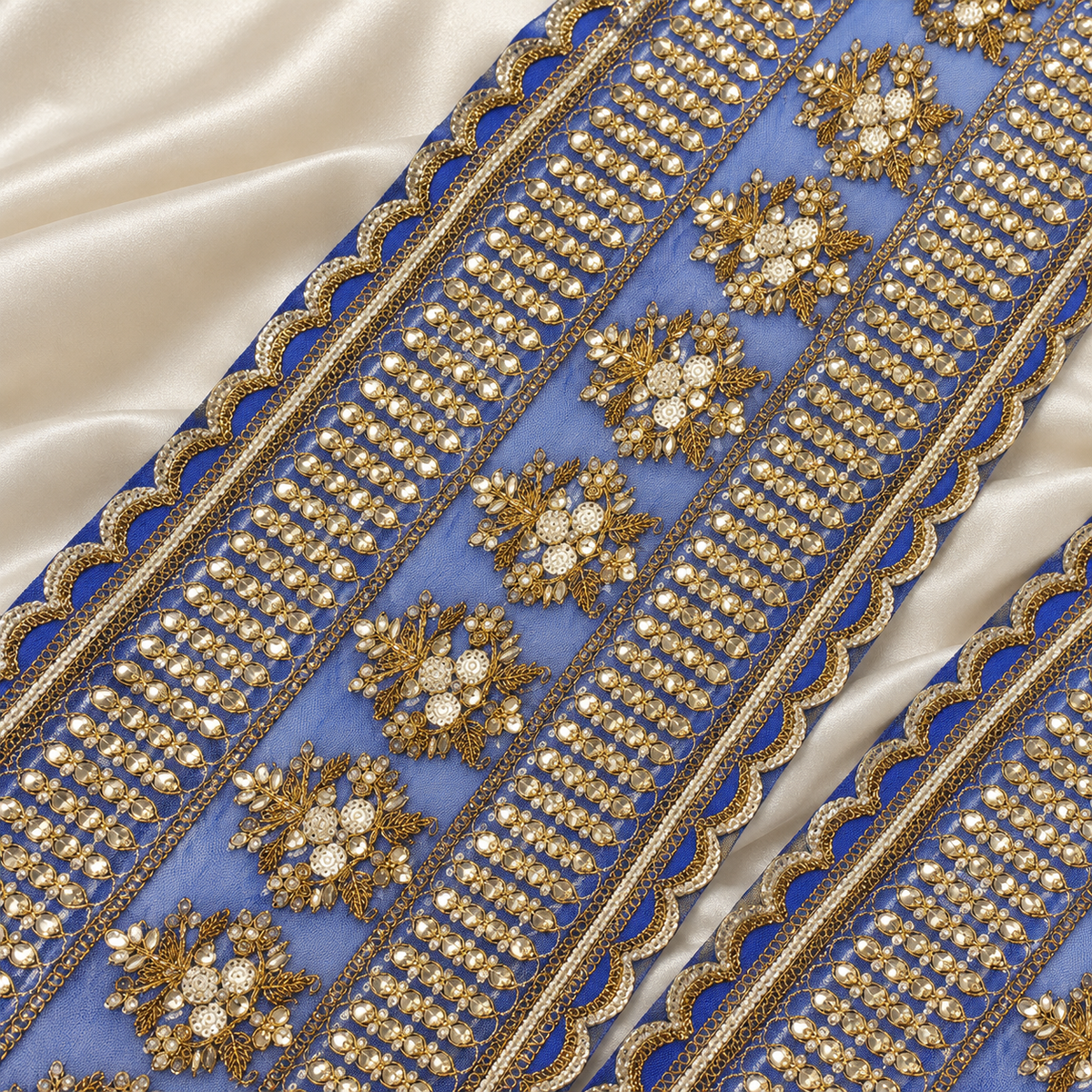 Floral Pearl and Reflective Stone Embroidered Wide Designer Lace Border