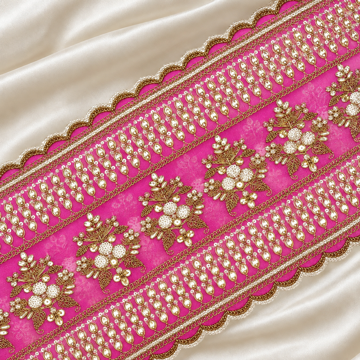 Floral Pearl and Reflective Stone Embroidered Wide Designer Lace Border