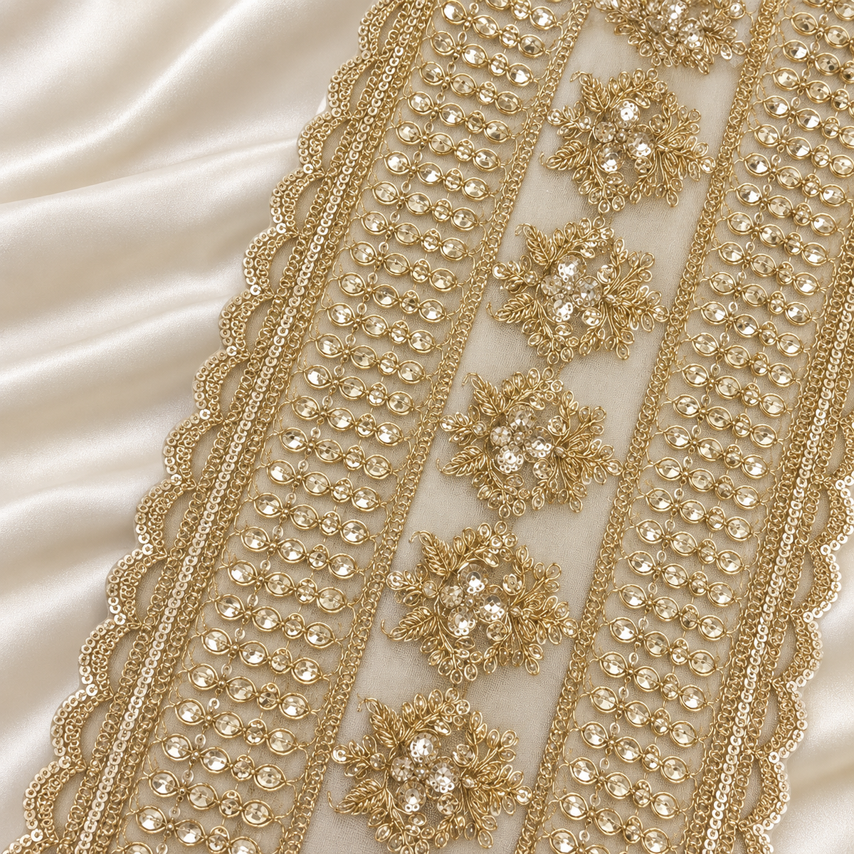 Floral Pearl and Reflective Stone Embroidered Wide Designer Lace Border