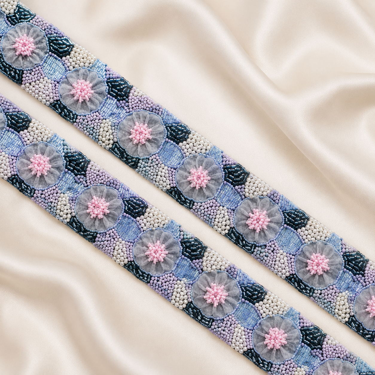 Floral Beaded Embroidered Lace Border with Pearl Detailing