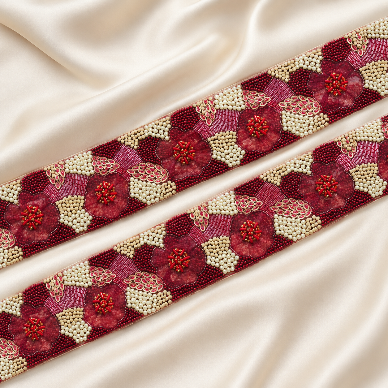 Floral Beaded Embroidered Lace Border with Pearl Detailing