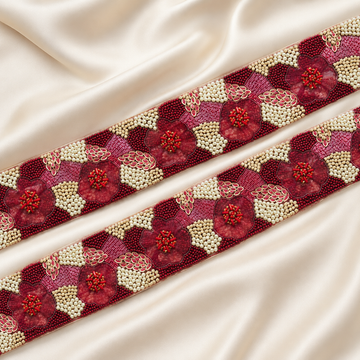 Floral Beaded Embroidered Lace Border with Pearl Detailing