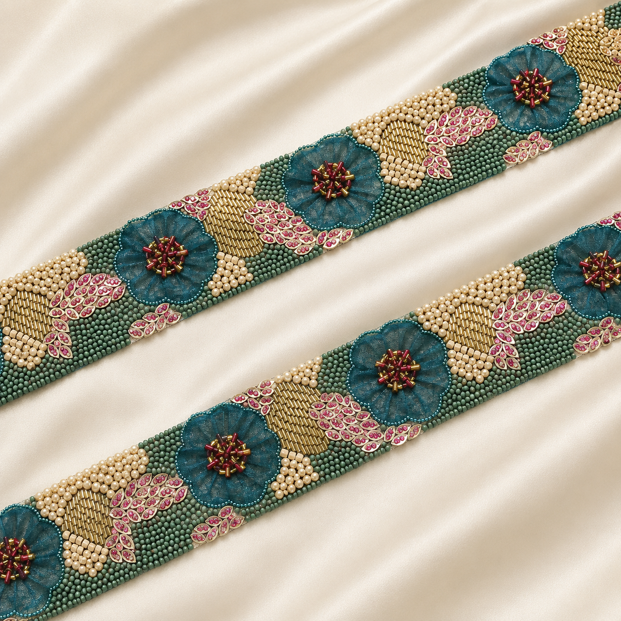 Floral Beaded Embroidered Lace Border with Pearl Detailing