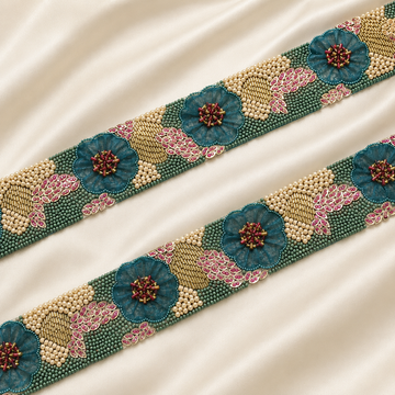Floral Beaded Embroidered Lace Border with Pearl Detailing