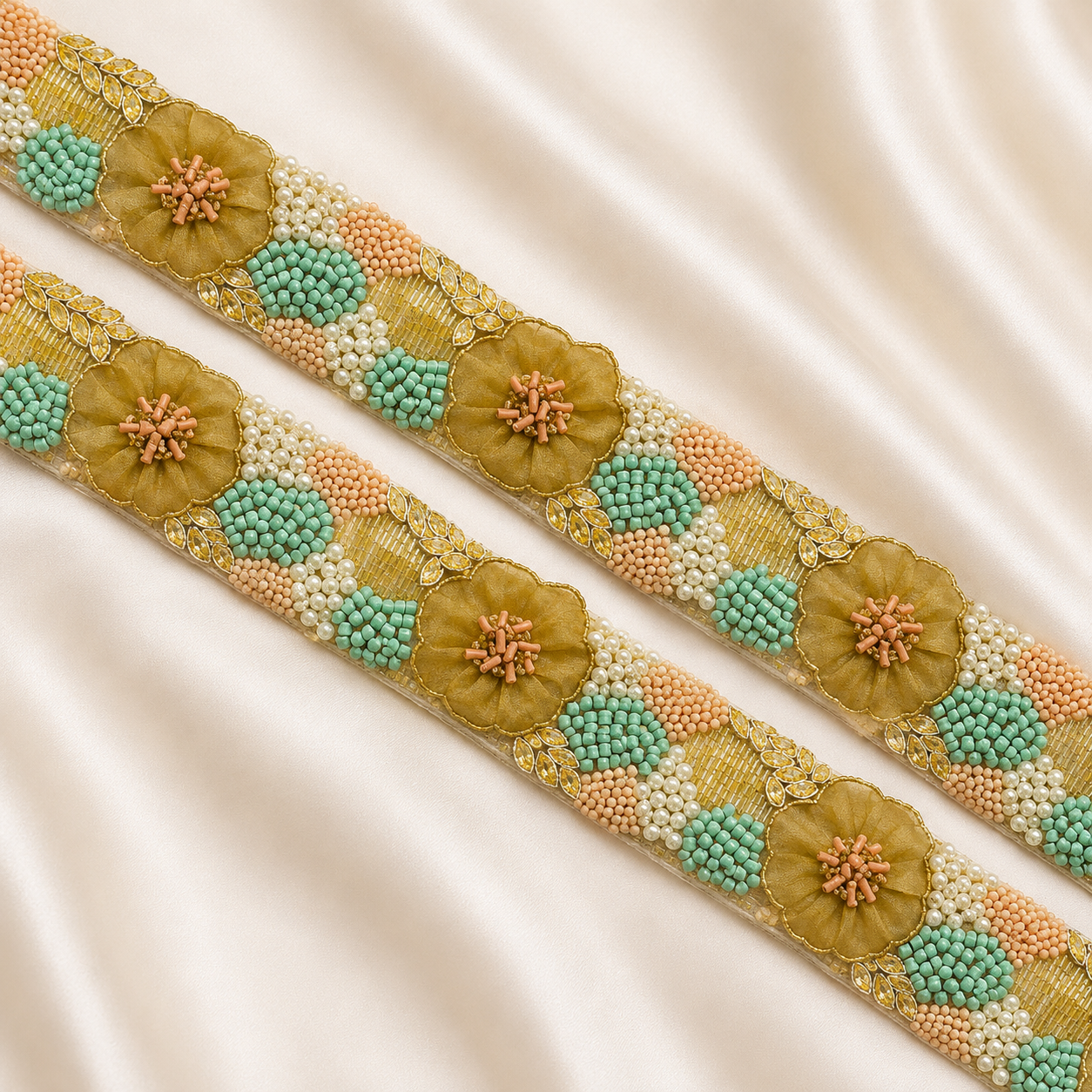 Floral Beaded Embroidered Lace Border with Pearl Detailing