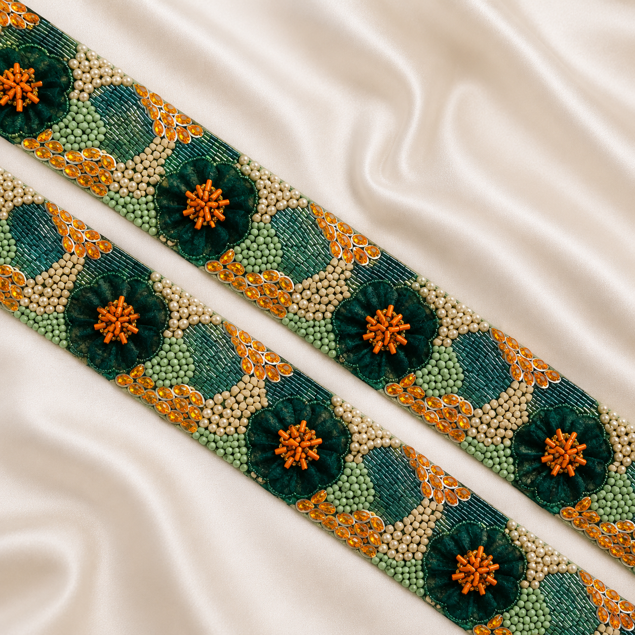 Floral Beaded Embroidered Lace Border with Pearl Detailing