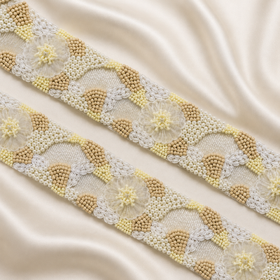 Floral Beaded Embroidered Lace Border with Pearl Detailing
